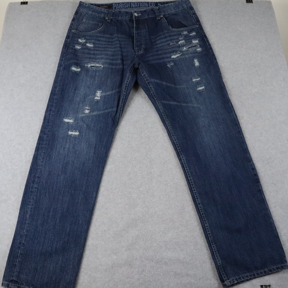 Parish Nation Jeans Mens 42‎ Button Fly Straight Leg Distressed Denim Dark Blue